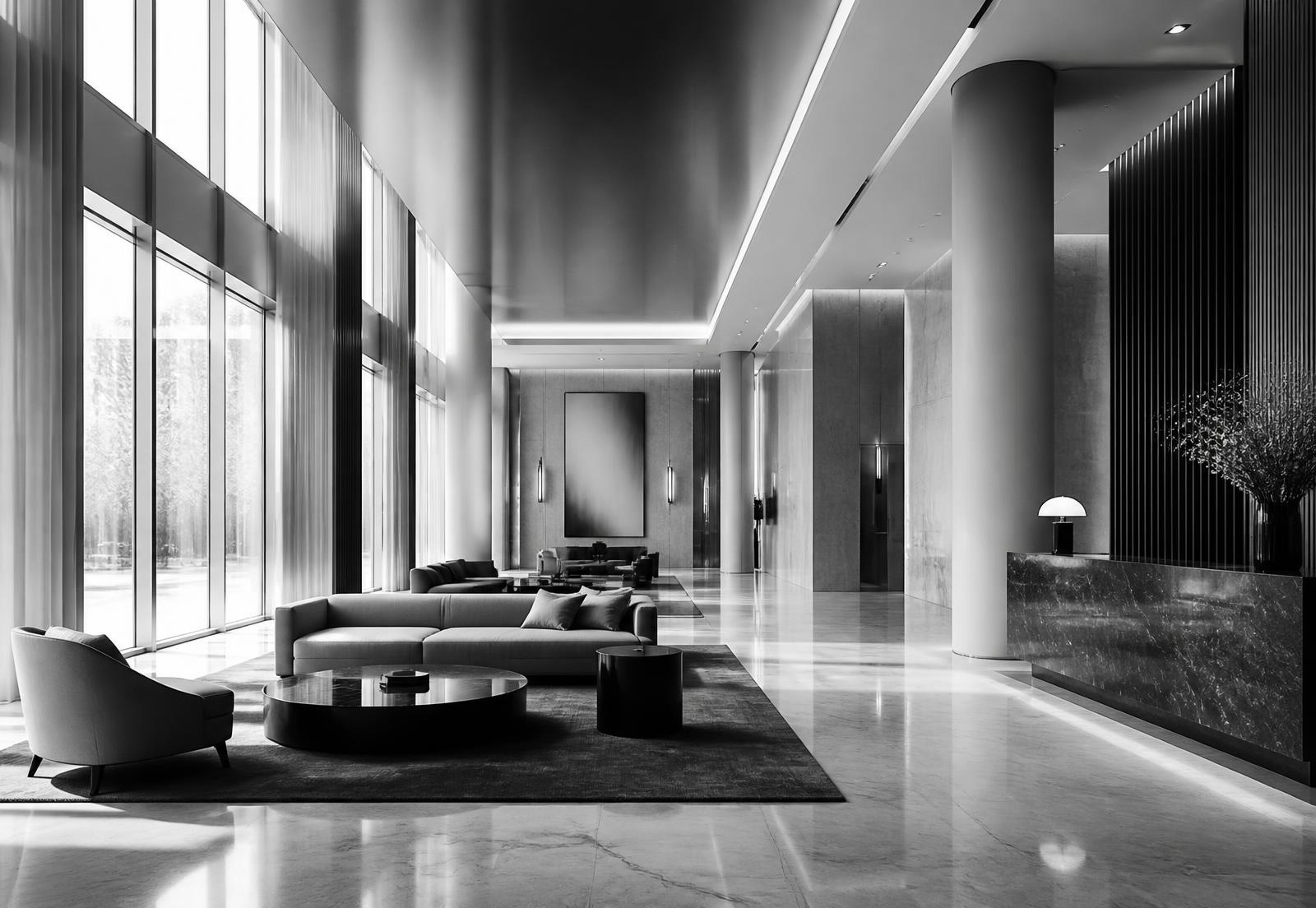 Hall d'un hôtel indépendant en noir et blanc